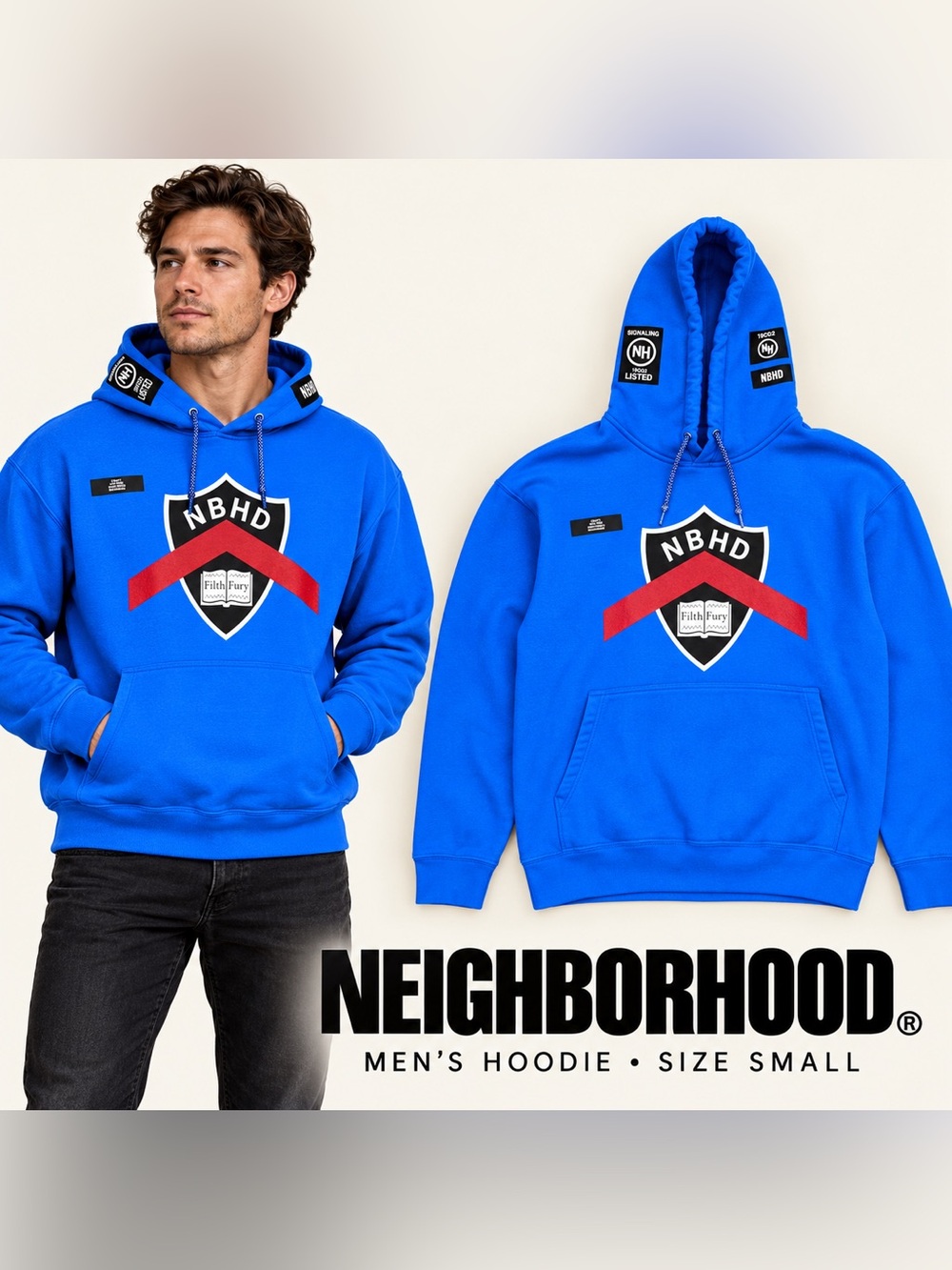 Neighborhood Men’s Cobalt Blue Hoodie with Red Shield Accent Size Small